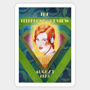 Woman Wearing Headset, The Telephone Review, August 1929 Sticker